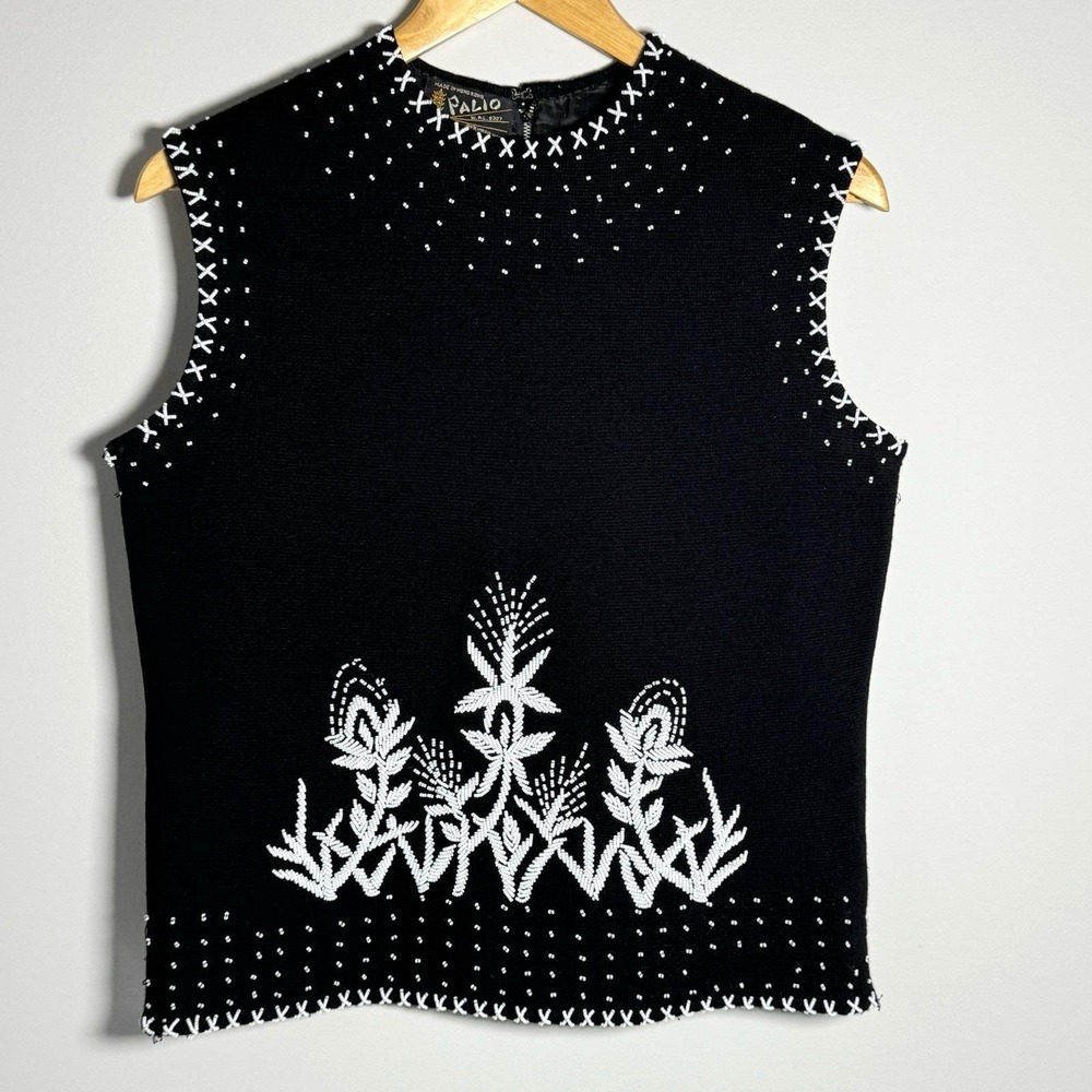 Vtg Palio Beaded Wool Sleeveless Top Black White Lined Back Zip Floral Knit M/L‎
